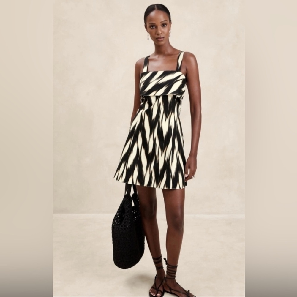 Banana Republic Linen Cotton Black Cream Square Neck Trapeze Summer Mini Dress